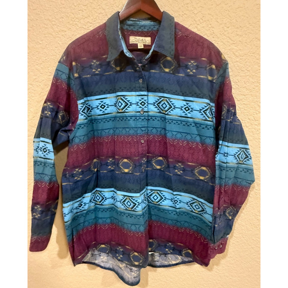 Cabela's Southwestern Flannel Shirt Men's 2XL 100% Cotton Vtg 90's Purple Teal - Picture 1 of 7